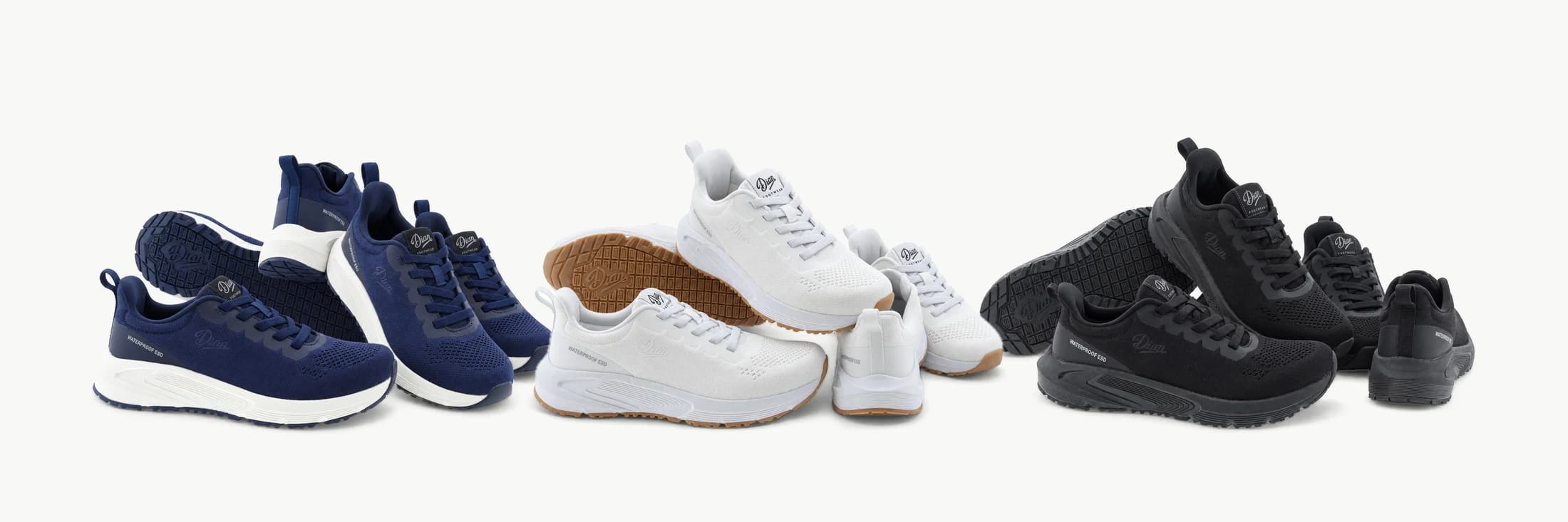Colección completa NIMBO: marino, blanco y negro, con vistas de la suela, talón y lateral